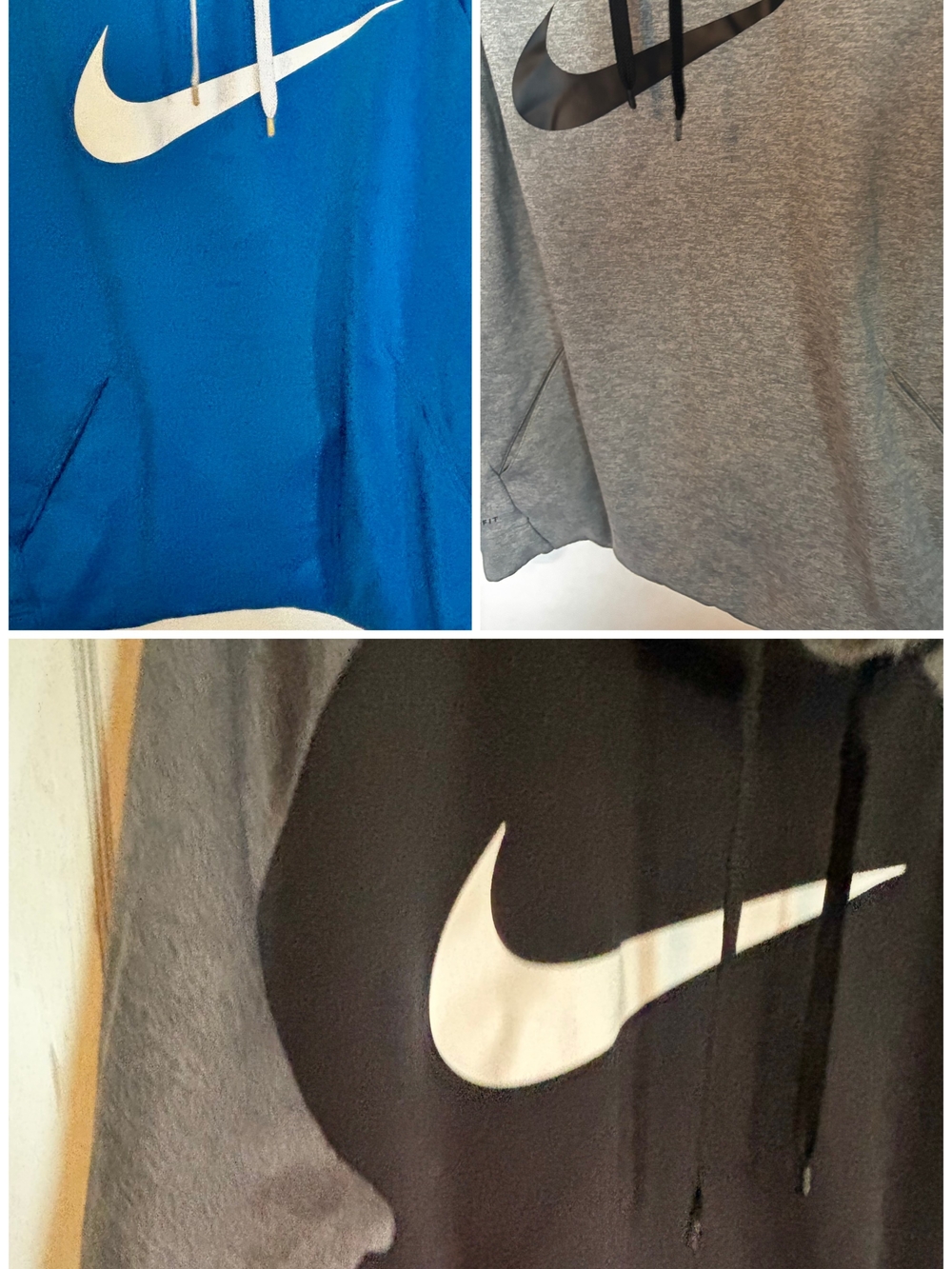 3 Nike Pullover Hoodies in Blue, Gray and Black
